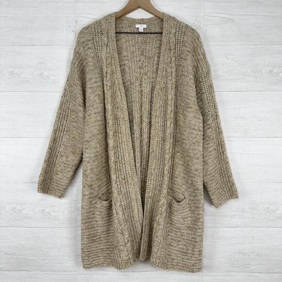J.Jill Size M Long Cardigan Tan Open Front Cable Knit Lightweight Pockets Cotton - Picture 14 of 15